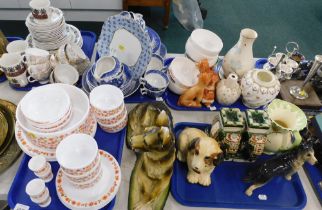 A Pyrex orange floral pattern vases, part tea wares, blue and white wares, animal figures, Kelloggs