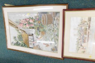 A print After R G Barton, Lincoln Cathedral and a embroidery farmyard scene, framed. (2)