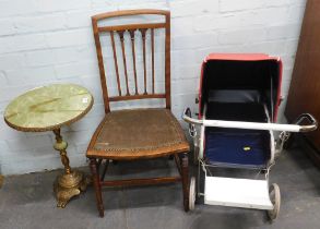 A onyx and gilt circular wine table, pram and a side chair.