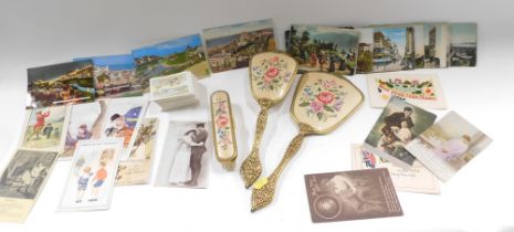 Various postcards, part dressing table set, cigarette cards, etc. (1 box)