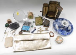Trinkets and effects, comprising pin dish, carriage clock case, Wedgwood blue and white candlestand