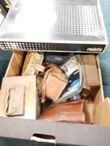 A Wilmar mantel clock, cased Kodak Brownie cameras, picture frames, roulette wheel, etc. (1 box)