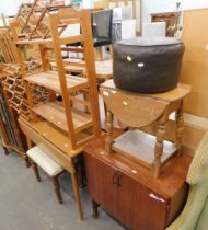 Assorted furniture, comprising oak drop leaf table, footstool, mahogany two door cupboard, drop leaf