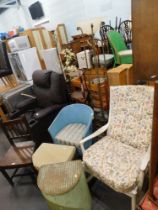 A metal standard lamp, corner whatnot, Lloyd Loom chair, Parker Knoll painted rocking chair, basket