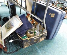 Household wares, empty glass bottles, tagine, metal plant stand, and a blue Delsey suitcase, etc. (1