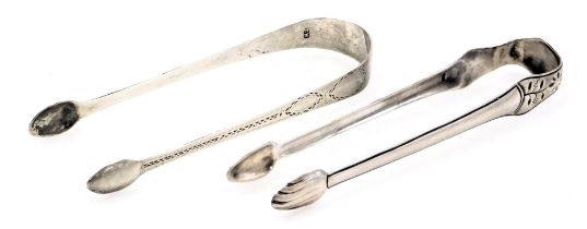 Two pairs of Georgian silver sugar tongs, with bright cut engraving, and foliate engraving, 1.95oz.