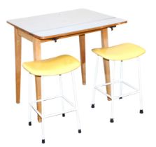 A 1950's vintage formica topped drop leaf kitchen table, raised on tapering square legs, 74cm high,