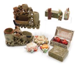 A group of Chinese collectables, including two soapstone double brush washers with floral carving, f