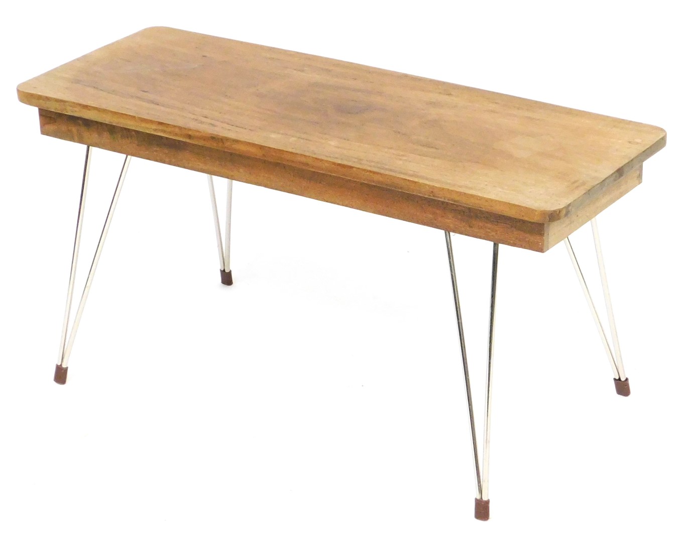 A mid century teak occasional table, the rectangular top raised on double metal rod shaped legs, rub