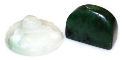 A jadeite pendant carved as the Happy Buddha, 5.5cm high, and a spinach jade carving, possibly a bru