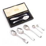 A 19thC silver cold meat serving fork, stamped sterling, Victorian silver teaspoon, two salt spoons,