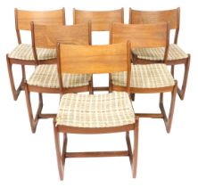 A set of six 1970's Portwood teak single dining chairs, with striped fabric seats.