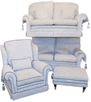 A four piece lounge suite, upholstered in striped fabric, with blue trim, comprising a pair of two s