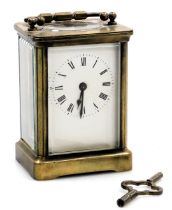 A brass cased carriage clock, rectangular enamel dial bearing Roman numerals, single barrel movement