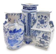 Three modern Chinese blue and white porcelain vases, comprising a rectangular vase on stand decorate