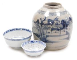 A Qing dynasty blue and white ginger jar, decorated with a river landscape, 17.5cm high, together wi