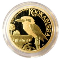 A Perth Mint Elizabeth II gold proof Kookaburra 25 dollars, boxed and outer boxed with certificate,