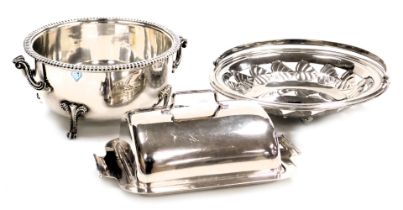 An Art Deco silver plated cheese dome and cover, Victorian plated twin handled circular food contain