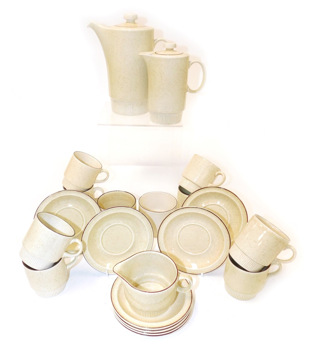 A Poole Broadstone pottery part coffee service, printed marks, comprising coffee pot, hot water jug,