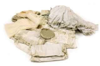 Victorian and later linen and lace, including an underskirt and trimmings, woollen baby's blanket, c