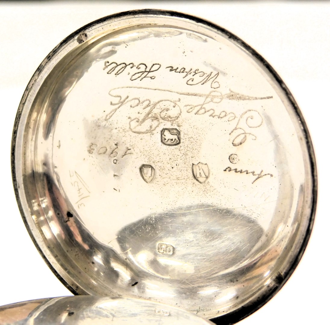 A Victorian gentleman's silver cased pocket watch, open faced, key wind, circular enamel dial bearin - Image 3 of 5