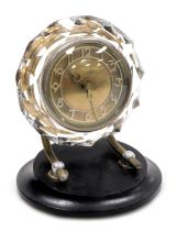 A mid century Majak USSR cut glass framed mantel clock, circular brass dial with chapter ring bearin