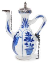 A Kangxi blue and white porcelain export ewer. of fluted, pear form, decorated with panels of ladies