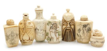 Six Chinese bone snuff bottles and stoppers, carved as the head of an Immortal, pair of fish, and a