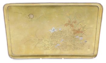 A Meiji period hirazogan bronze tray, inlaid in gold, silver and copper with flowers and grasses und