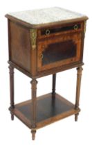 A French Empire style burr walnut mahogany and rosewood crossbanded pot cupboard, with a marble top