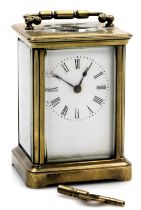 A brass cased carriage clock, rectangular enamel dial bearing Roman numerals, single barrel movement