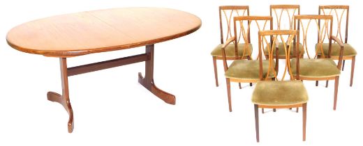 A G-Plan teak oval dining table, raised on curved supports united by a stretcher, 73cm high, 162cm w