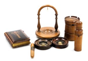 A group of Victorian and later treen, including a pocket watch holder, Mauchline ware castle form mo