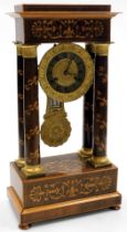 A late 19thC French rosewood and satinwood inlaid and brass portico clock, the circular dial with ch