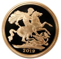A Queen Elizabeth II gold proof full sovereign 2019, boxed and outer boxed with certificate, 8.0g.