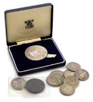 A Royal Mint Prince of Wales Investiture medal 1969, cased, George V half crowns, Victorian and lat