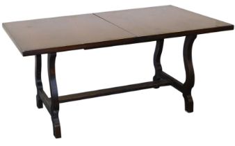 An oak draw leaf refectory style dining table, raised on cabriole legs united by a H frame stretcher