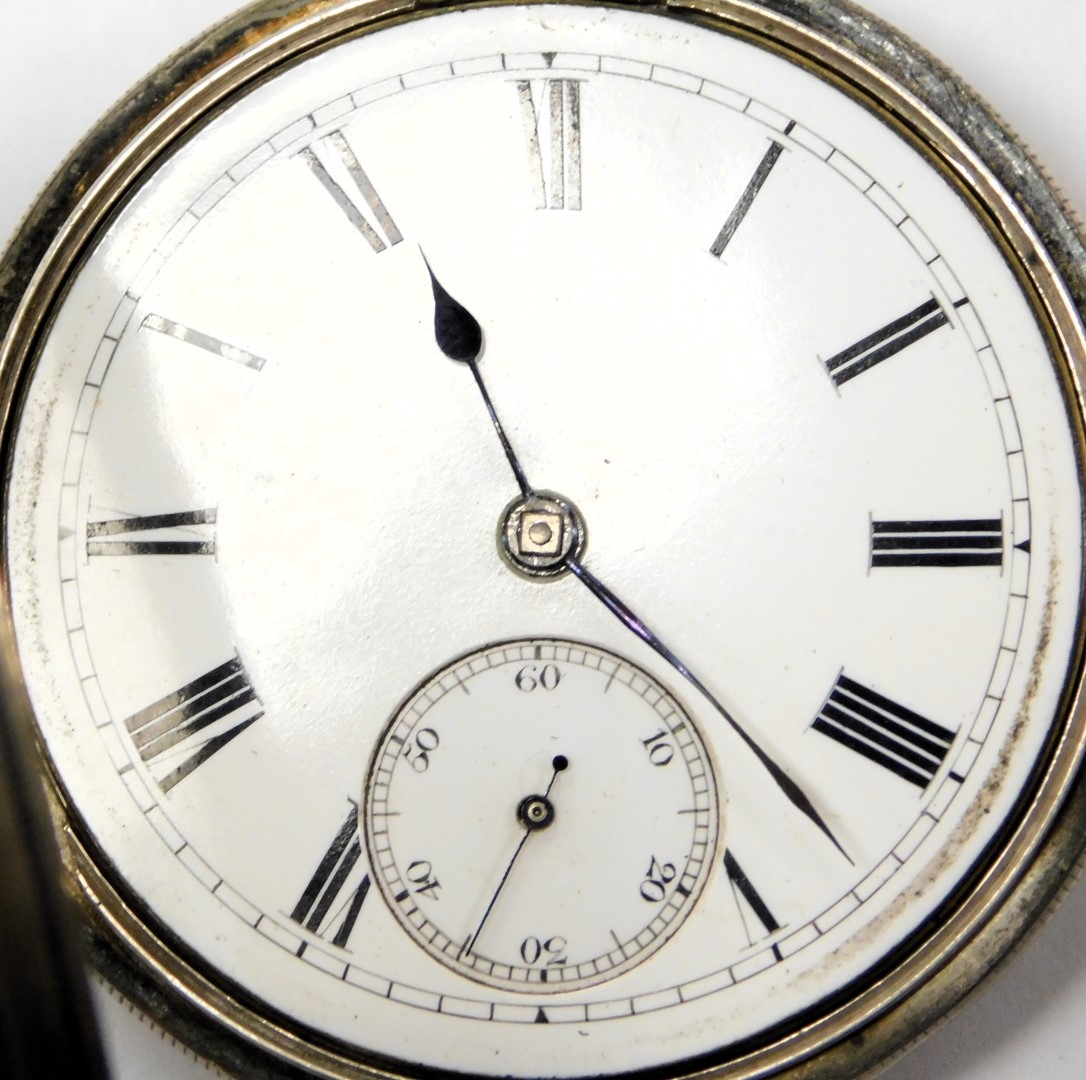 A Victorian gentleman's silver cased pocket watch, open faced, key wind, circular enamel dial bearin - Image 2 of 5