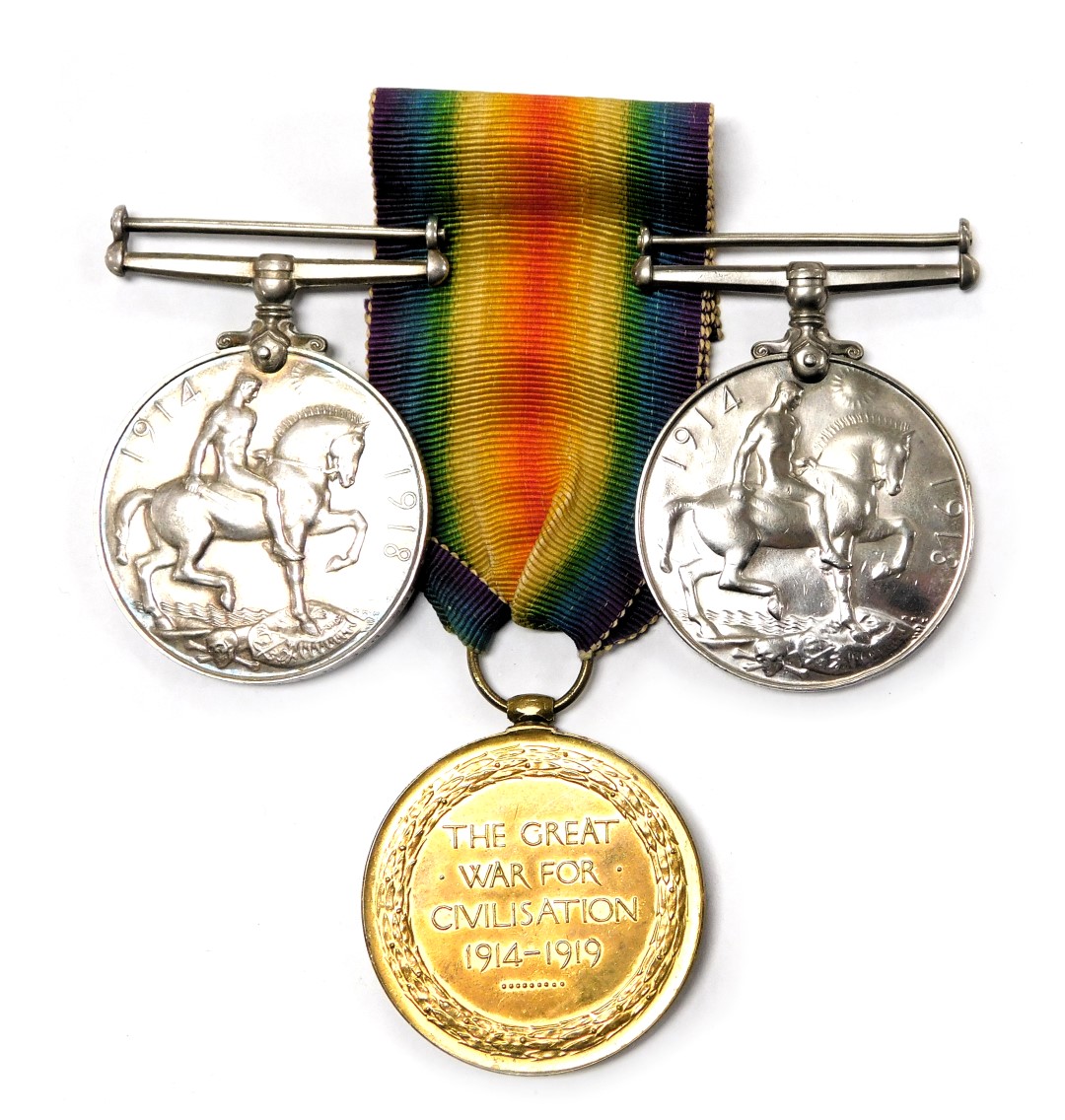 Three WWI medals, comprising a Victory Medal, named to Pte. J Pykett, ASC, DM2-163431, Great War Med