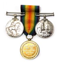 Three WWI medals, comprising a Victory Medal, named to Pte. J Pykett, ASC, DM2-163431, Great War Med