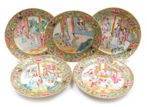 Five 19thC Cantonese famille rose porcelain plates, decorated with figural scenes, within a border o