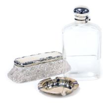 An Edward VII cut glass hip flask, with silver mount and hinged lid, London 1907, cut glass dressing