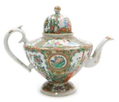 A 19thC Cantonese famille rose export porcelain teapot, of baluster form, decorated with reserve pan