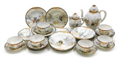 An early 20thC Japanese eggshell porcelain part tea service, painted with samurai and other figures,