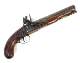 A late 18thC flintlock pistol, by H Nock, with a mahogany stock and steel barrel, bearing proof mark