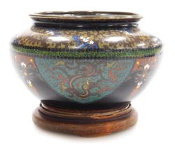 A Japanese silver wire cloisonne bowl, on stand, decorated with alternate panels of phoenixes and dr