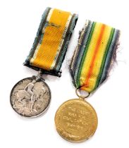 Two WWI medals, named to Pte. E S Benton, Army Service Corp, M2-100960, comprising Great War and Vic