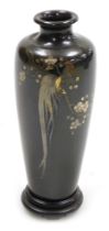 A Meiji period Nogawa bronze vase, with stand, of shouldered, tapering form, inlaid in iroe-e takazo