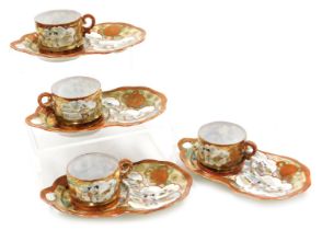 Four early 20thC Japanese Kutani porcelain cups, and single handle biscuit saucers, decorated with r