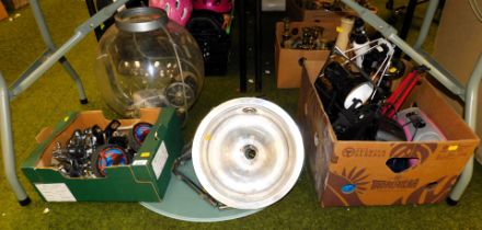 Miscellaneous items including a fish bowl, radio, and lamps. Buyer Note: WARNING! This lot contains